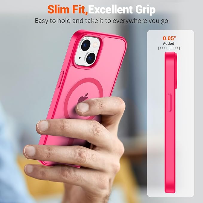 SUPFINE Magnetic for iPhone 15 Plus Case & iPhone 14 Plus Case(Compatible with MagSafe)(Military Grade Drop Protection) Slim Translucent Shockproof with Anti-Fingerprint Phone Case,Hot Pink