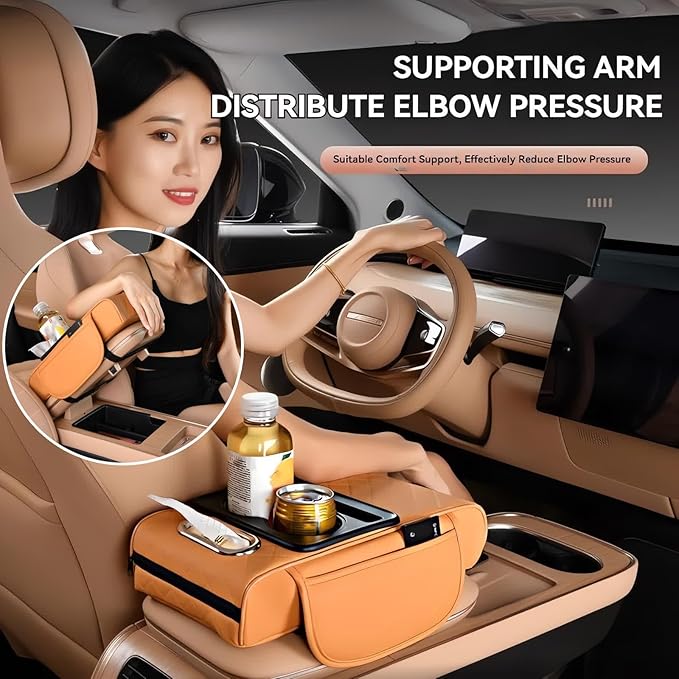 Multifunctional PU Leather Car Armrest Box Mat, 5-in-1 Multifunctional Car Armrest Cushion, Center Console Cover with 2 Cup Holder, For Storing Tissues, Phones, Wallets, Drinks, for Most Cars (Orange)