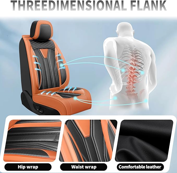 Fit Versa Car Seat Covers Compatible with Nissan Versa 2008-2025 2026 - Premium Leather， Waterproof Breathable， All-Weather Seat Cushion Protecto&Airbag Compatible (2 Front Seat Orange&Black)