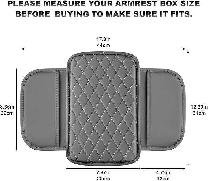 Upgraded Car Center Console Cover Fit for Land Cruiser Faux Leather Car Armrest Cover Cushion with 2 Storage Bags,Car Armrest Storage Box Interior Accessories(Grey&Whiteline)