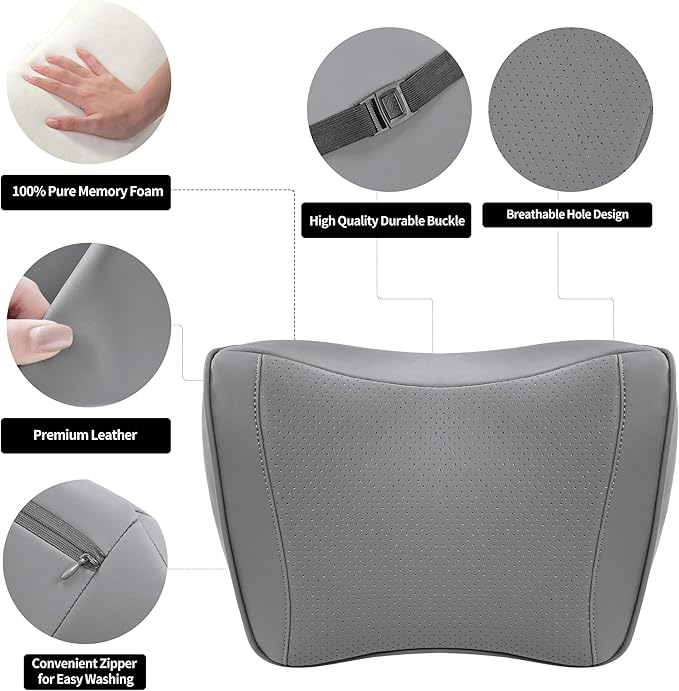 Car Headrest Pillow 100% Memory Foam, Breathable Removable Leather Cover, Premium Seat Support Head Neck Cushion for Driving Travel Home Office, Gray, 1 Pack