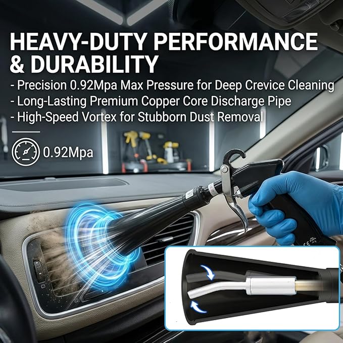 SakerPlus Dry Cleaning Gun, Air-Powered Car Interior Cleaning Tool with Vortex Airflow, Air Compressor Gun for Seats, Carpets, Floor Mats, Vents and Auto Detailing (1 Set Nozzle)