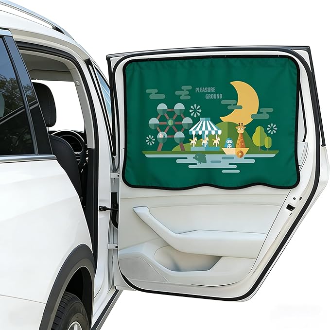 Magnetic Car Window Shade for Baby,Blackout Car Window Curtain,Car Shades for Side Windows,Sun Shade for Car Window baby,Cartoon Pattern Car Window Covers,UV Protection &Heat Blocking (Amusement park)
