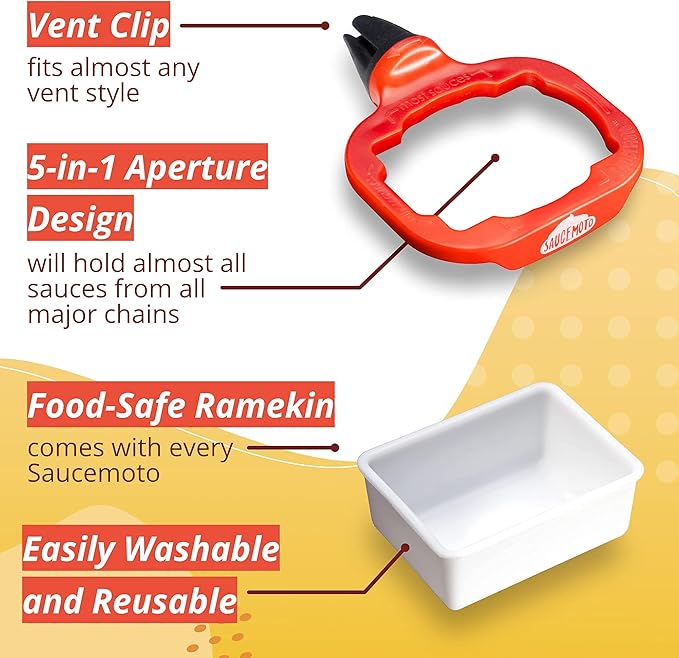 Saucemoto Dip Clip | an in-car Sauce Holder for Ketchup and Dipping sauces. As seen on Shark Tank (6 Pack Assortment, Black, Red, Gray)