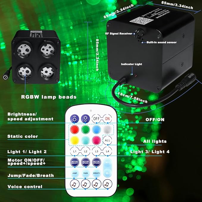 AMKI Updated 4Color Twinkle 36w Starlight Headliner Kits 1300pcs 0.03in 9.8ft Fiber Optic Light Cable 4 Ports Starlight Box App/Remote Control Sound Mode for Car Home Ceiling Decoration