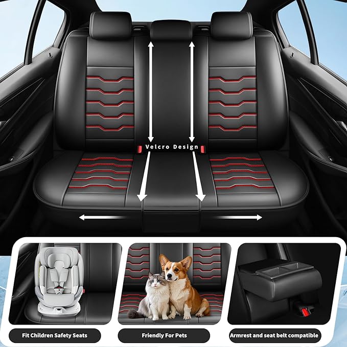 Fit Prius Car Seat Covers for Toyota Prius 2001-2025 2026 -Full Set Premium Leather, Waterproof, Breathable，All-Weather Seat Cushion Protecto & Airbag Compatible, 5-Seats Red Line Black