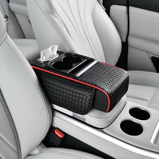 Car Armrest Cushion Cover Car Center Console Memory Foam Booster Pad with Storage Pocket and Tissue Hole for Sedan Vehicle (Cupholder - BlackRed, 13.39 * 7.68 * 2.95'' / 34 * 19.5 * 7.5cm)