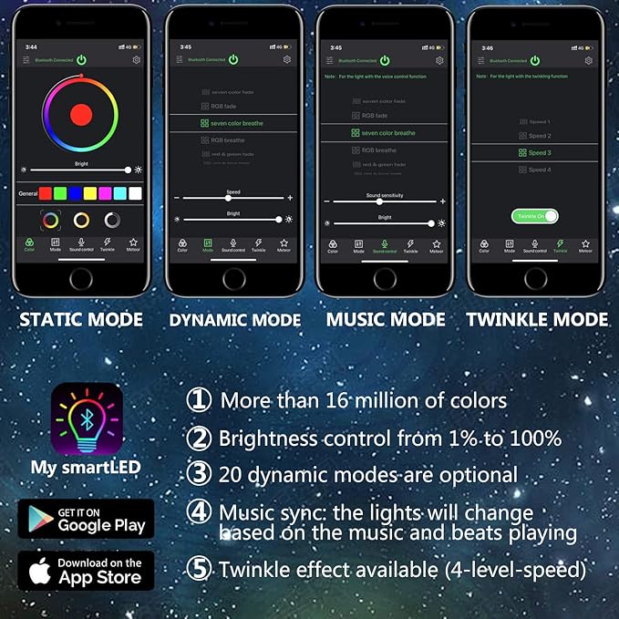 Twinkle Fiber Optic Lights RGBW Music Sync 16W Bluetooth APP Control Star Ceiling Light Kit for Car Home Indoor Interior Decoration Starlight Headliner 550 Pieces 0.03in 13.1ft