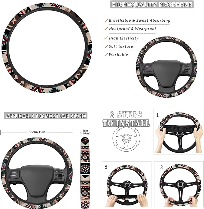 FKELYI Brown Aztec Car Interior Accessory Set - Seat & Headrest Covers, Gear Shift & Handbrake Knobs, Steering Wheel Cover, Cup Coasters