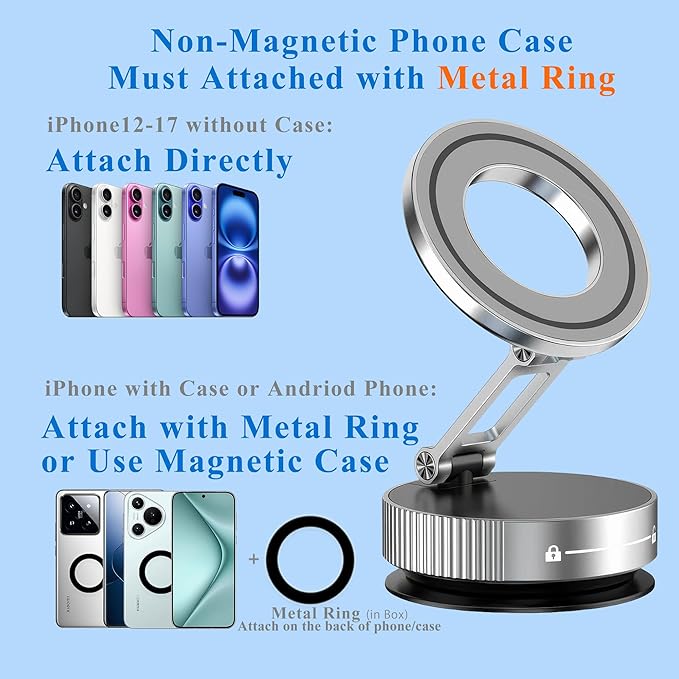 Vacuum Magnetic Phone Holder for Car,Full Metal Body,Vacuum Suction Phone Mount,Magsafe Car Mount for iPhone, Folding Holder for iPhone and Android (White)