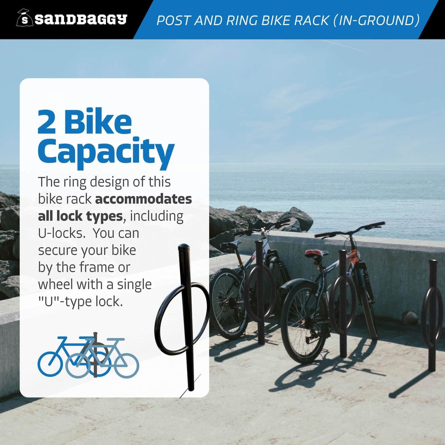 Sandbaggy Post and Ring Rack - In Ground - Commercial Outdoor Bike Parking & Storage Racks (Blue, 2)