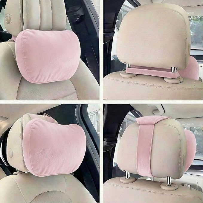 2PCS Car Pillow for Car Neck Pillow for Driving Seat Neck Support Soft Cushion Back Support Head-Rests for Vehicle Sleeping with Elastic Adjustment Strap (Light Pink, Head)