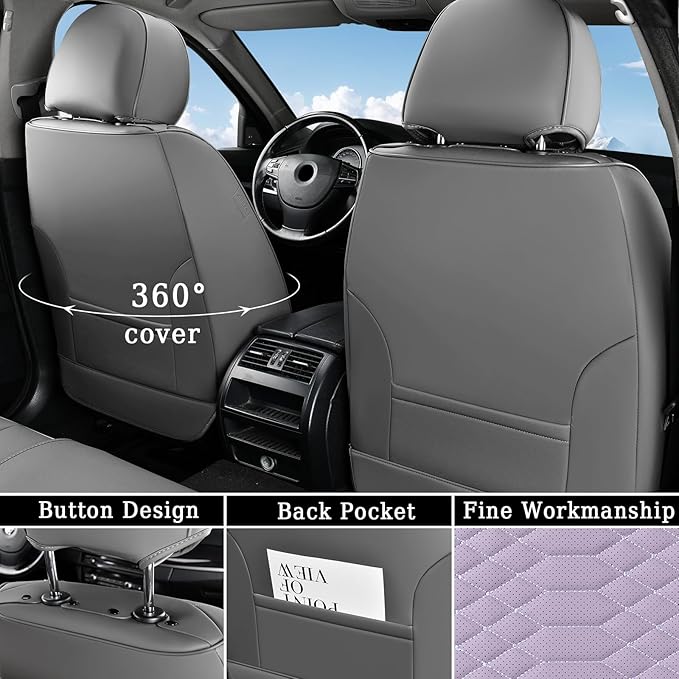 Coverado Seat Covers Full Set, Waterproof Nappa Leather Seat Covers for Cars, 5 Seats Universal Car Seat Protectors, Gray and Purple Car Seat Covers Car Seat Cushions Fit for Most Cars (Gray&Purple)