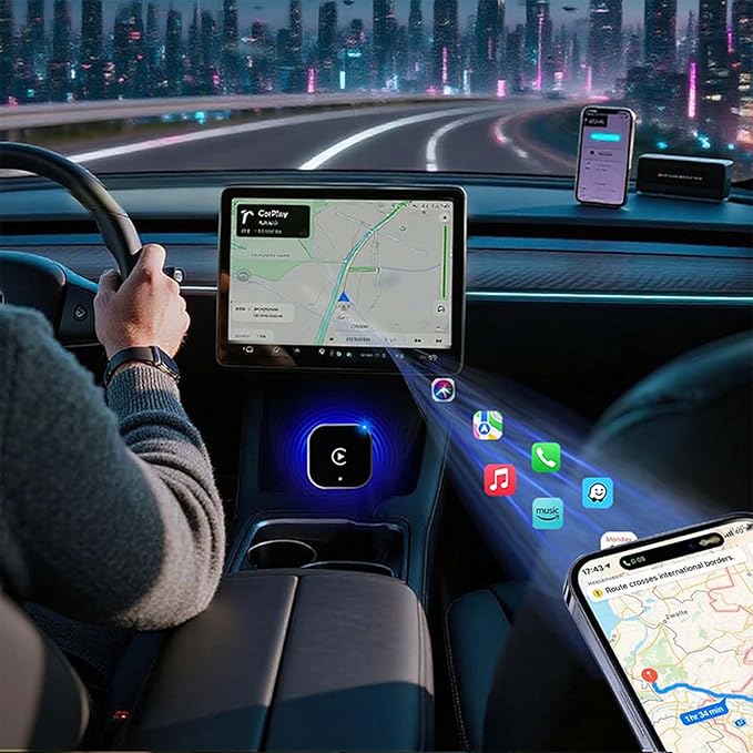 Wireless CarPlay Adapter & Android Auto Dongle, Shiny Silver，Fast Auto-Connect, Compact Plug & Play Wireless CarPlay Converter for iPhone & Android, USB/USB-C, No Delay, Seamless Reconnection