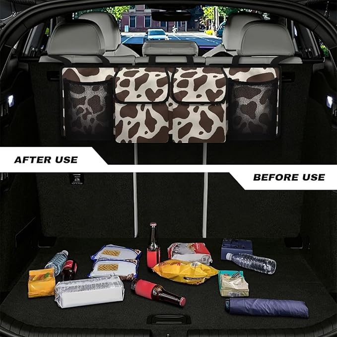 Brown Cow Print Car Trunk Organizer, Hanging Car Back Seat Storage Bag with 4 Pockets Waterproof Universal Automotive Accessories for Most SUVs Sedans Trucks Jeeps