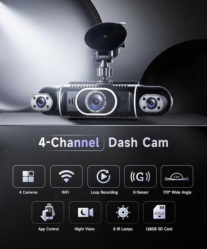 360° Dash Cam Front/Rear/Inside/Side 4-Channel Dash Camera FHD 2K+1080P×3 Car Dash Cam with WiFi, APP Control, 128GB SD Card Included, 8 IR Night Vision, G-Sensor, 24/7 Parking Mode