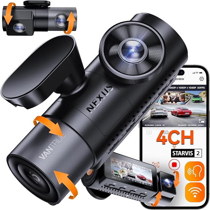 Vantrue N5 4 Channel WiFi 360° All Sides Dash Cam, STARVIS 2, IR Night Vision, 2.7K+1080P*3 Front Rear Inside Dashcam, Voice Control, GPS, 24 Hours Buffered Parking Mode Dash Camera(Renewed)
