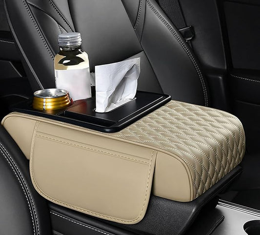 Car Armrest Center Console Cover for Ford Explorer 2000–2025, Center Console Pad with Cup Holder, Multifunctional Armrest Cushion,E Beige