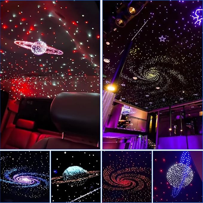 AKEPO Car Home Use MIni Size 6-Hole 3.2W RGB Colorful Fiber Optic Light Kit, 9.8ft 600pcs*0.75mm/0.03in Optical Fiber APP Control Mixed Color Chasing Timer Function Starlight Headliner Light
