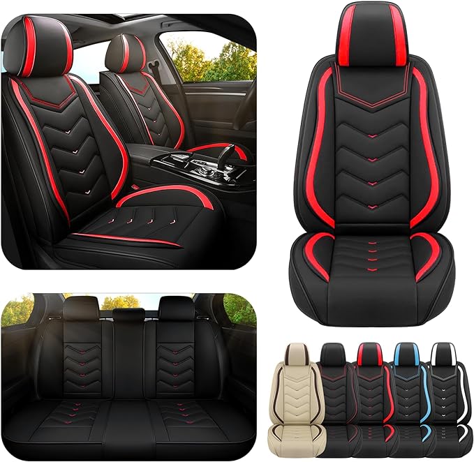 Car Seat Covers for Fiat 500 2012-2019, Premium Nappa Leather Car Seat Cover, Stylish Sport Seat Covers， Automobile Seat Cover Sets.(Standard 5 Seats/Black Red)