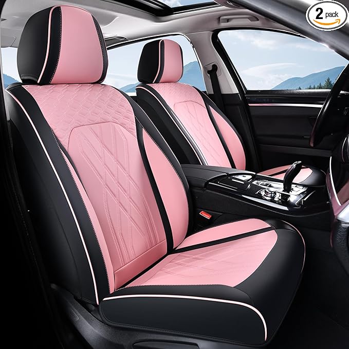 FLORICH Automotive Seat Covers Leather Pink Seat Covers for Cars Front Seats Waterproof Car Seat Cushion Interior Covers Protector Vehicle Seat Cover Universal Fit for Most Car Truck SUV, Black&Pink