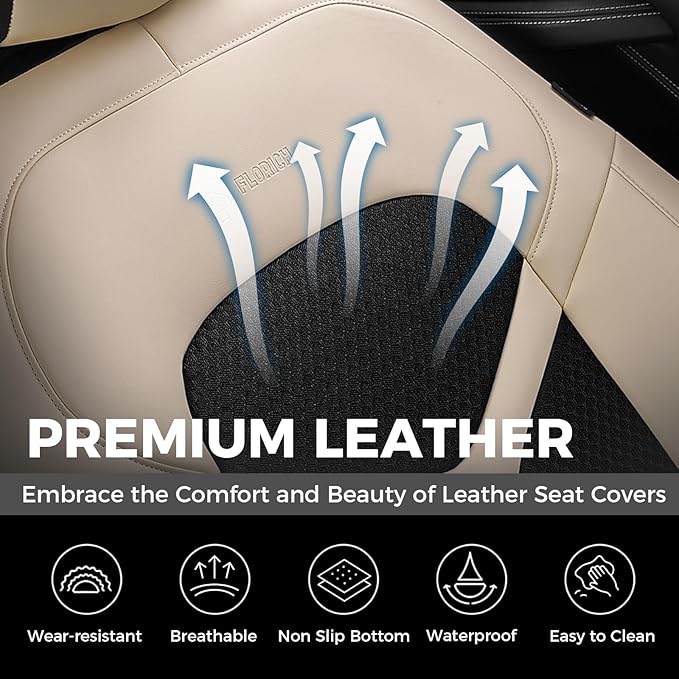 FLORICH Car Seat Covers Full Set, Universal Seat Cover 5 Seats, Automotive Seat Covers with Mesh Leather, Waterproof Car Seat Protector, Breathable Car Seat Cushion for Most Car SUV Truck, Beige