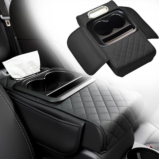 Multifunctional Pu Leather Car Armrest Box Mat, 5-In-1Multifunctional Car Armrest Cushion, Car Arm Rest Cover Pad, Center Console Organizer with Cup Holder, Tissue Box & Phone Slot (Black)