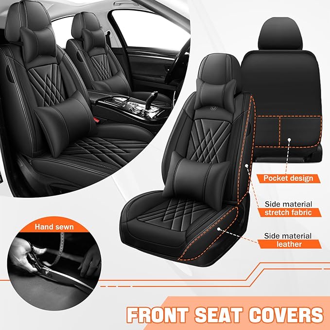 Car Seat Covers Compatible with Toyota Camry 2012-2026 Durable Waterproof Automotive Seat Covers Stretchable Fabric Material, Airbag Compatibility, Premium Nappa Leather(Black, Full Set with Pillow)