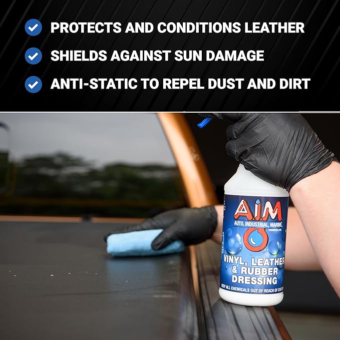 AIM Chemicals Vinyl Leather Rubber Multi-Purpose Dressing -Effective UV Protection -Leather Cleaner & Conditioner -Suitable for Interiors, Exteriors, Engines -Anti-Static -Water-Based for Cars, 5 Gal