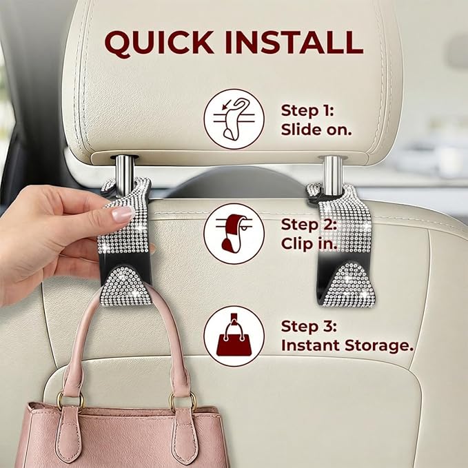 4PCS Bling Car Seat Headrest Hooks, Crystal Rhinestone Vehicle Back Seat Hanger Holder, Auto Interior Headrest Hanging Storage Organizer for Purse Handbag Coat, Universal Fit (Black/Pink)