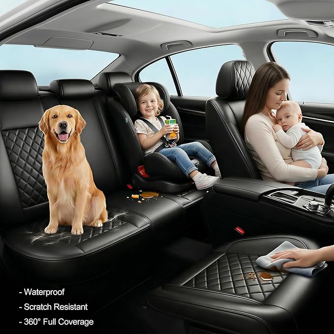 Santa Fe Seat Covers Custom Fit for Hyundai Santa Fe 2007-2026 (Only 5-Seat Version) - Full Set Premium Leather, Waterproof, All-Weather, Airbag Compatible, Car Seat Protectors (Black)