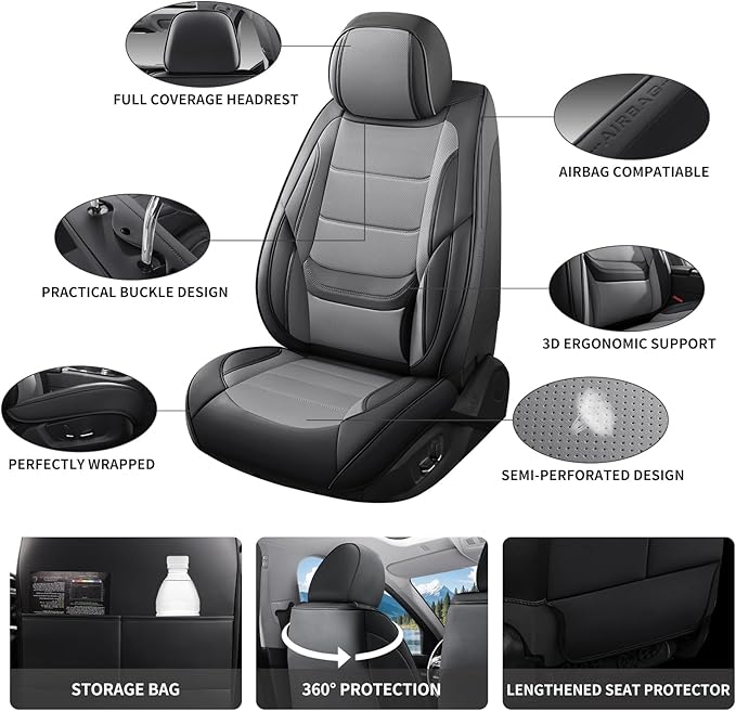 Car Seat Covers Full Set Custom Fit for Pontiac Vibe 2003-2010,Premium Faux Leather with Lumbar Support, Breathable, Anti-Slip & Soft Touch(blackgray,Fullset)