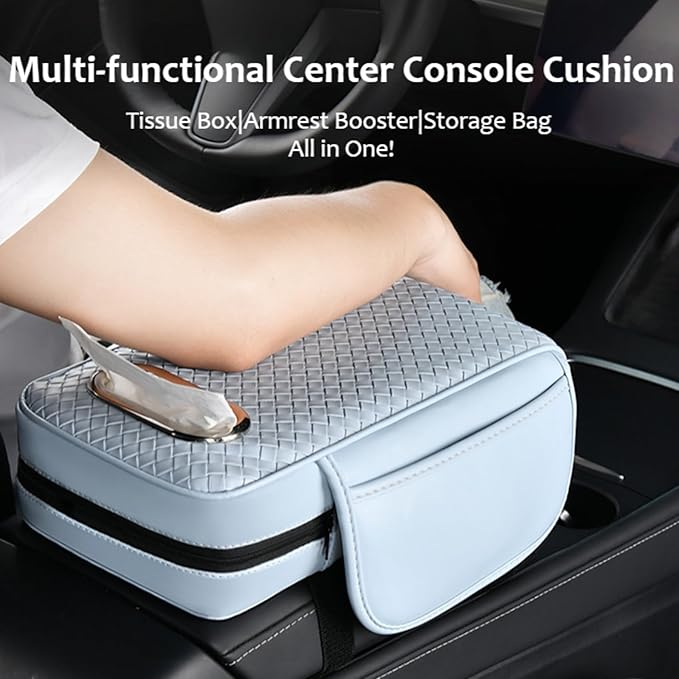 Car Armrest Cushion Cover Car Center Console Memory Foam Booster Pad with Storage Pocket and Tissue Hole for Sedan Vehicle (Blue, 12.99 * 7.09 * 2.95'' / 33 * 18 * 7.5 cm)