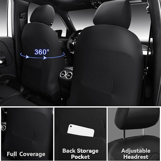 CAR PASS Luxury Nappa Leather Front Seat Covers, Waterproof 3D Foam Seat Covers with Lumbar Support, Breathable Auto Seat Cover Airbag Compatible Universal Fit for Sedan SUV Van Truck, All Black