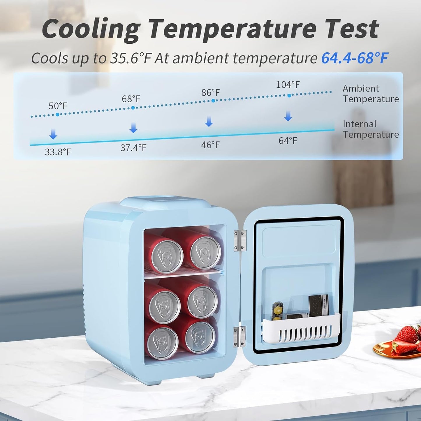 YASHE Mini Fridge, 4 Liter/ 6 Cans Small Refrigerator for Bedroom, 110V AC/ 12V DC Thermoelectric Cooler and Warmer for Drink Office Dorm Car, Blue