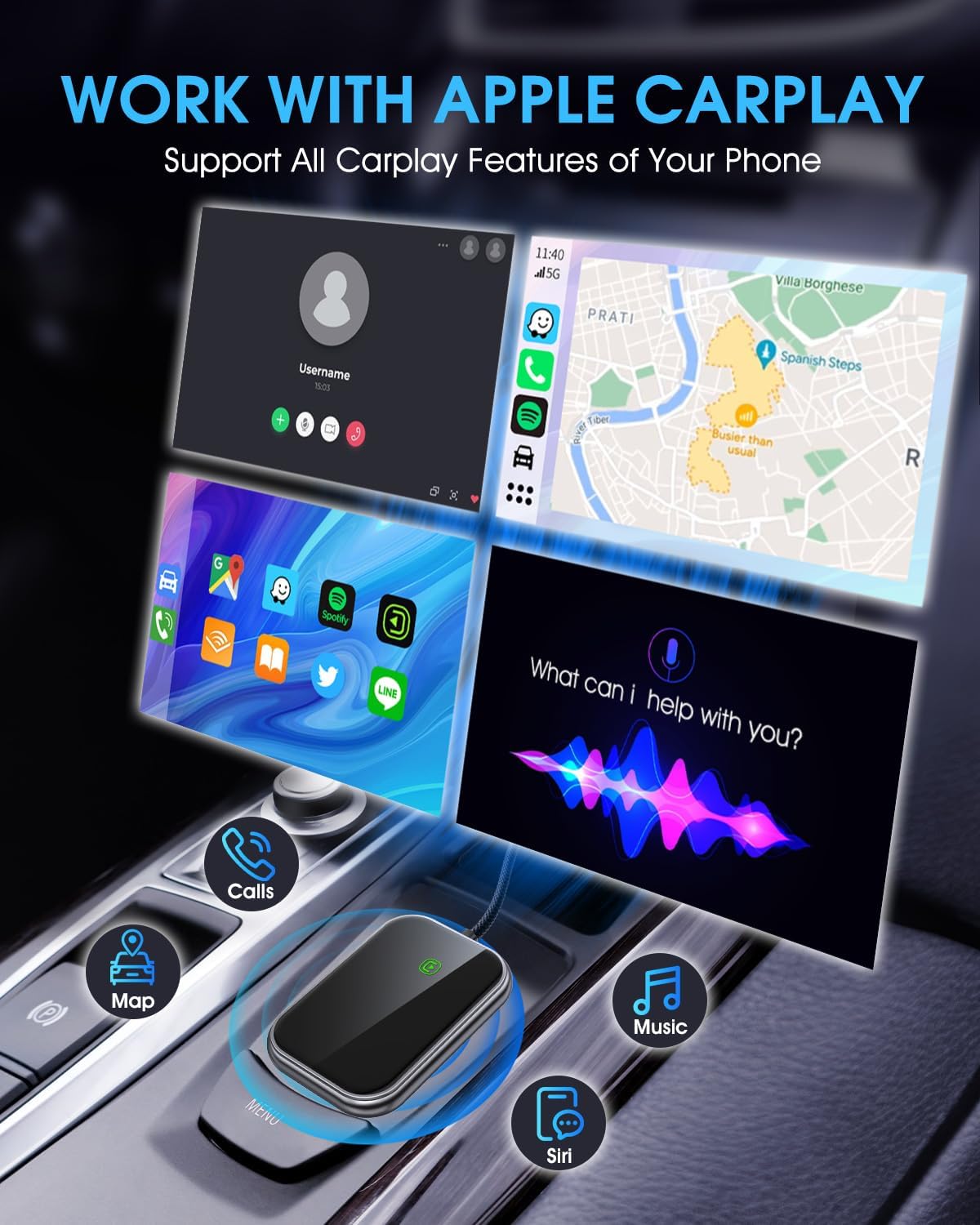 Wireless CarPlay Adapter - Fast & Stable Connection for Carplay Wireless Adapter Convert Factory Wired to Wireless CarPlay Dongle Plug & Play Car Play Fit for iPhone iOS 10+ (Dark Grey)
