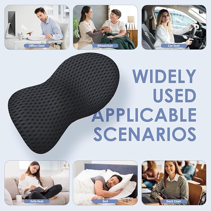 Lumbar Support Pillow, Memory Foam Lumbar Pillow for Lower Back Pain Relief, Back Support Pillow for Office Chair, Car Seat - Black