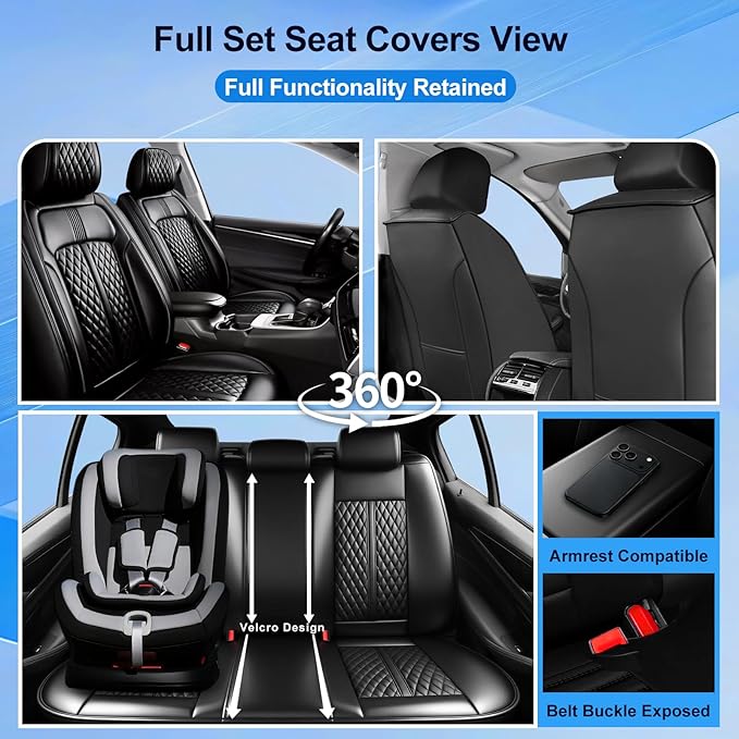 Fit HR-V Car Seat Covers (Full Set) for Select Honda HRV 2016-2025 2026 LX/EX/EXL/Sport, Premium Full Coverage Leather, Airbag Compatible, Waterproof & All Weather Seat Protector, Black