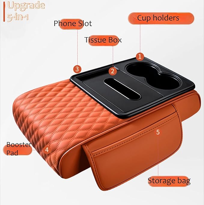 5-in-1 Car Armrest Pad Cushion, Water Ripple Embossed Center Console Booster Pad with Tissue Box, Cup Holder, Storage Bag, Phone Slot, Fit for Most Sedan Vehicles (Water Ripple Series, Beige)