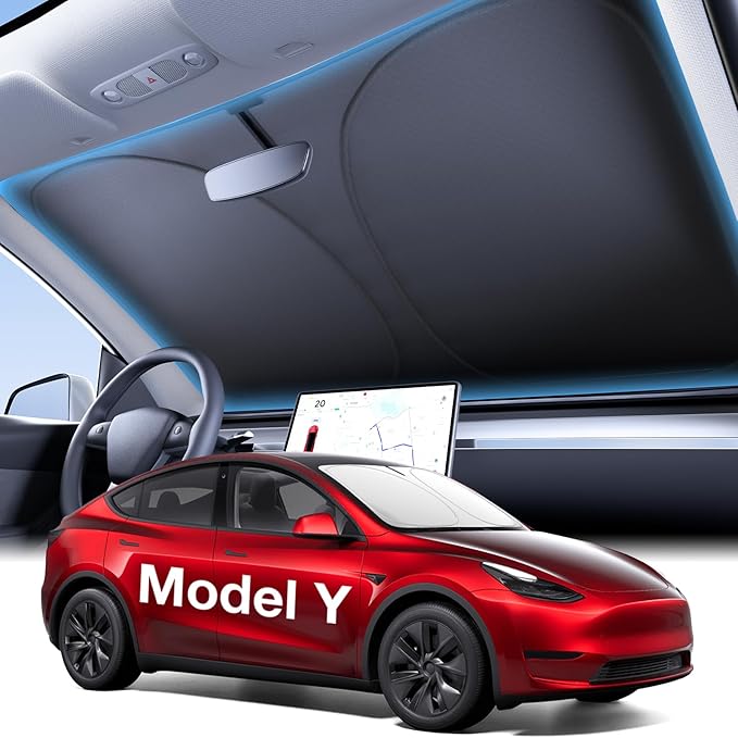 Wigoo Tesla New Model Y Accessories Windshield Sunshade [OEM Design, 100% Sun Blockage] Foldable Heat Insulation Sunshade with Storage Bag, for Model Y 2020~2026 (Juniper), Silver Coating
