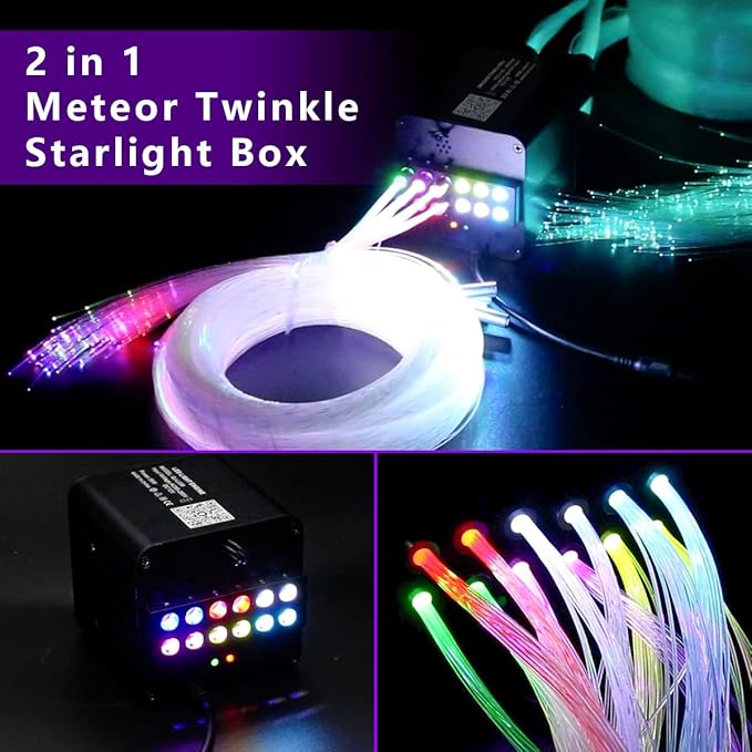 AZIMOM 4Colors 2 in 1 Meteor Twinkle Fiber Optic Starlight Headliner Kits 1200pcs 0.03in 9.8ft Fiber Strands,RGB Meteor Shooting Star 240pcs, Sound Remote APP Control Home Ceiling Car Headliner Decor