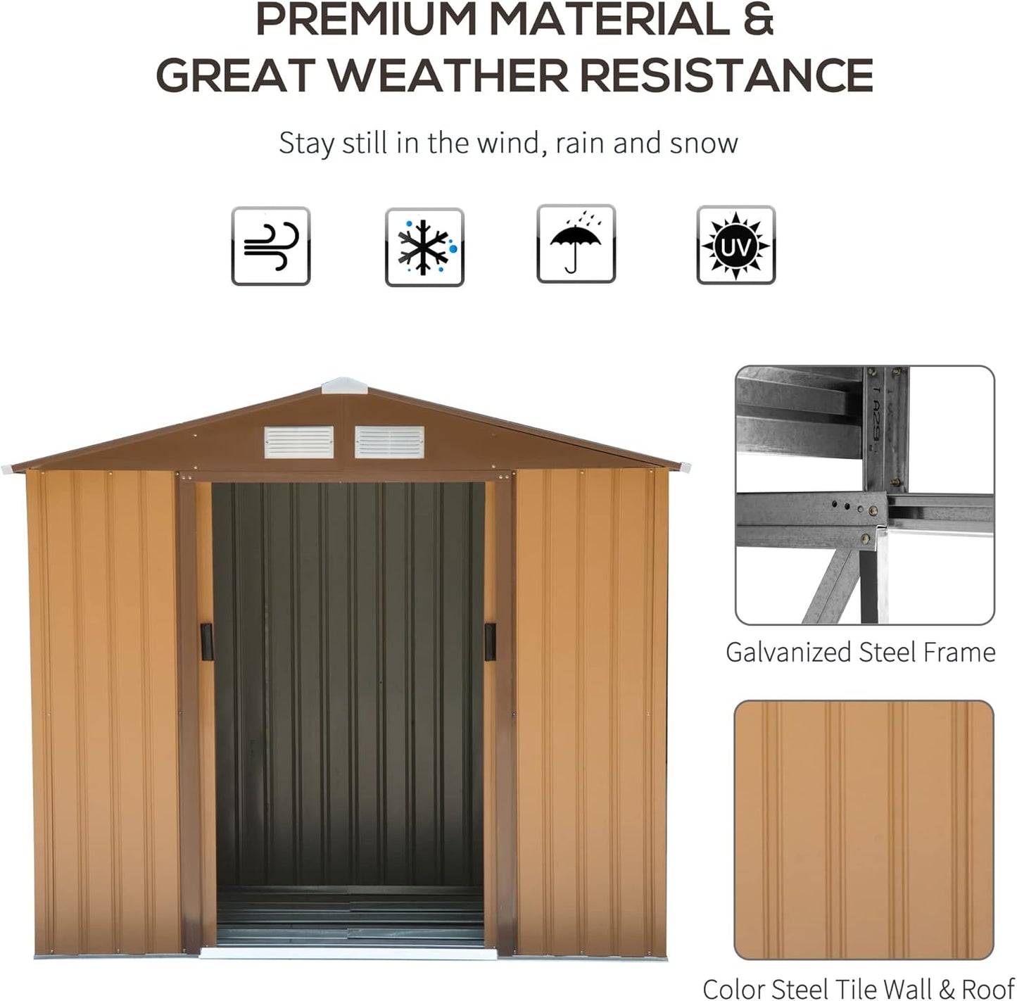 Outsunny 7' x 4' Outdoor Storage Shed, Garden Tool Metal Shed with Foundation Kit, Double Lockable Door, Air Vents and Sloping Roof, for Backyard, Patio, Lawn, Yellow