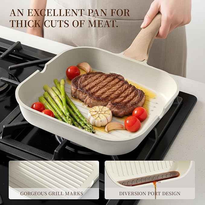 Kikcoin 16Pcs Pots and Pans Set Nonstick Ceramic Cookware Sets Induction Kitchen Cooking Set Non toxic Healthy Non Stick w/Grill Pan,Saute Pan, Ceramic White