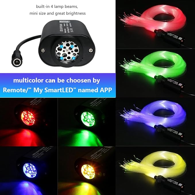 AMKI Mini 6W Starlight Headliner Kit Mixed430pcs 9.8ft,Twinkle+Sound Activated Fiber Optic Light 4Lamp Beam Starlight Box APP/Remote Control for Car Home Star Ceiling Decoration