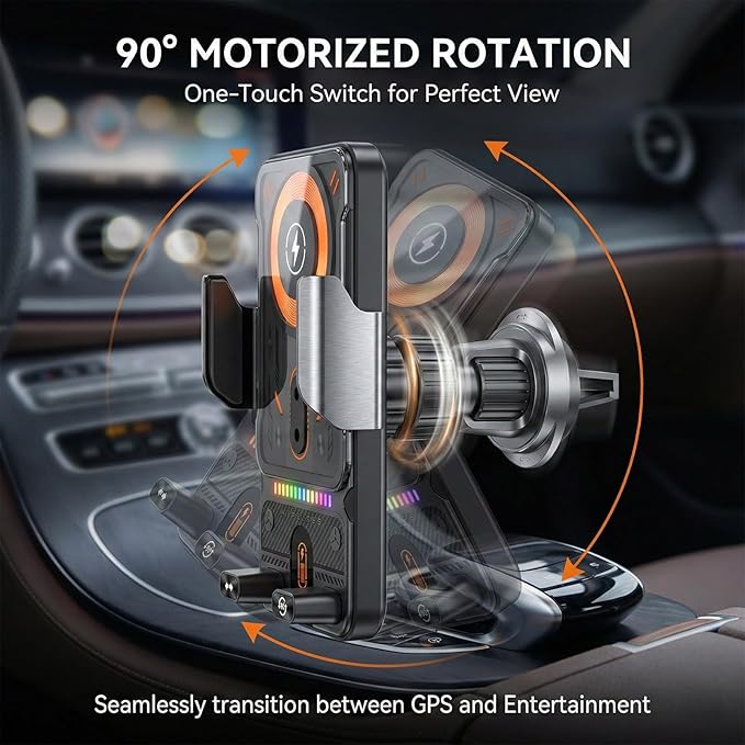 Motorized 90-Degree Rotating Wireless Car Charger Mount with Auto Clamping, 15W Fast Wireless Charging Air Vent Phone Holder for Most Smartphones (Black)