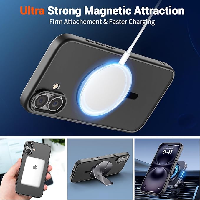 SUPFINE Magnetic for iPhone 16 Plus Case (Compatible with MagSafe) (Military Grade Drop Protection) Translucent Matte Shockproof with Anti-Fingerprint Phone Cover,Black