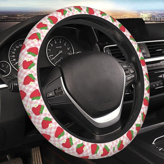 Pink Strawberry Steering Wheel Cover Women Men Floral Checked Elastic Stretch Soft Car Wheel Protector Universal Breathable No-Slip Car Accessories for Truck Van SUV Auto Fit 14-15 Inches