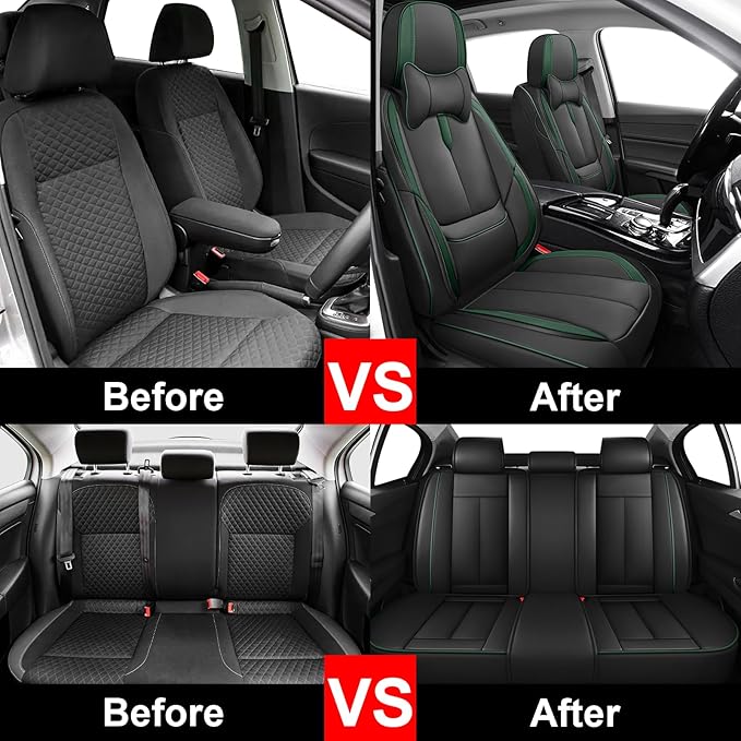Fit for 98% of Mercedes Benz Car Seat Covers with Headrests, Premium Nappa Leather Seat Cover, Fully Wrapped Protect Modern Style Seat Cover (5-Seat Luxury, Black & Green)