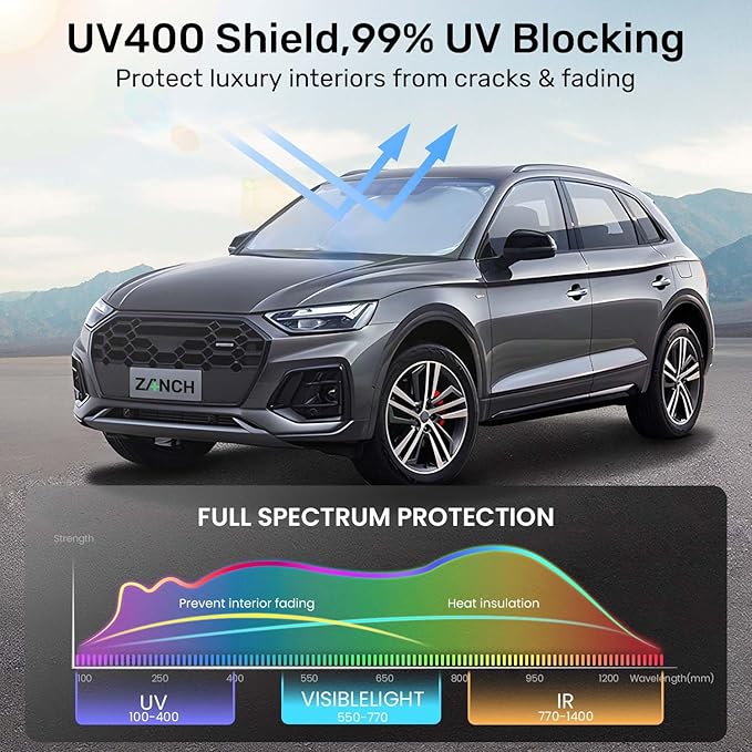 2025 Upgraded Zanch Car Front Windshield Sun Shade - Ultimate UV Protection & Heat Reductionlinnovative No-Light Leakage TechnologylFoldable DesignlPerfect Fit for Sedans Mini SUVs, Medium(64"X32")