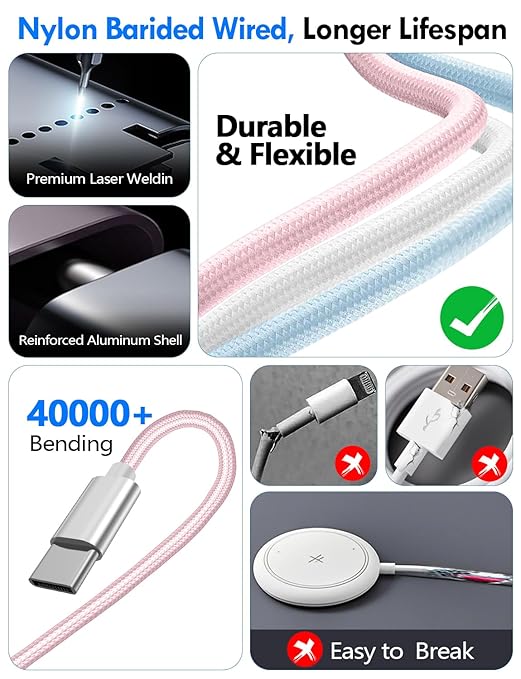 2Pack Multi Charging Cable Cord for Travel Essentials,Apple Watch Charger,iPhone Charger,[3-in-2] Type C/Lightning Cable Portable Designed for iWatch,iPhone 17-8,Galaxy S25-21,AirPods,iPad-1.5M Pink
